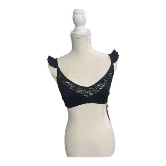 ASOS Swim Black Floral Lace Bikini Top Size 4 Ruffle Boned Swimwear Beach - Picture 1 of 12
